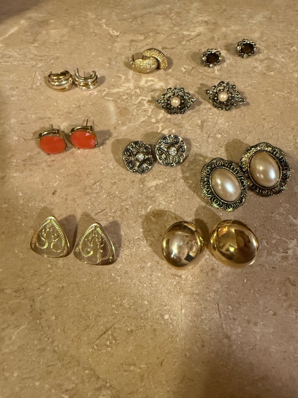 Assorted vintage Women’s costume Stud 9 pair Earring Set - Gold and Pearl Tones